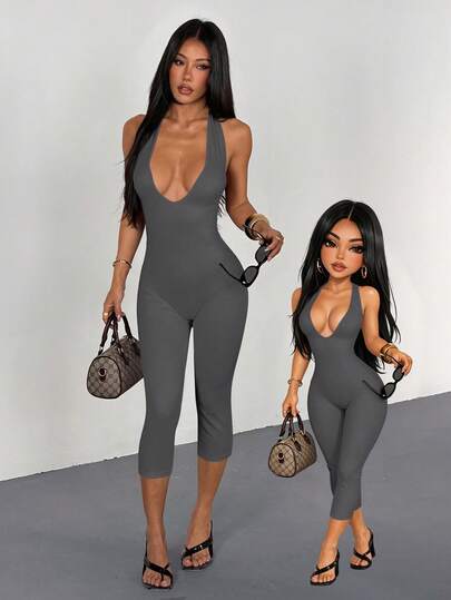 AITYI Studio Women's Jumpsuit, Well Fitted Casual V-Neck Spaghetti Strap Solid Color Comfortable Slim Fit Fashionable Sexy Chic Outdoor Commute Versatile Y2K, Beach Party, Graduation, Carnival, Easter, Music Festival, Spring/Summer Knit Camisole Jumpsuit