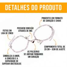 Kit Pulseira Magnética E Colar Casal Namorados Chave Coração Presente Prata Casual - Prata - Visão 3