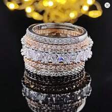 5pcs/Set Luxury Dual-Tone Wide Rings, Designed For Women, Inlaid With Brilliant Cubic Zirconia, Exquisite Party Jewelry, Fashionable Accessories - Ring - View 2
