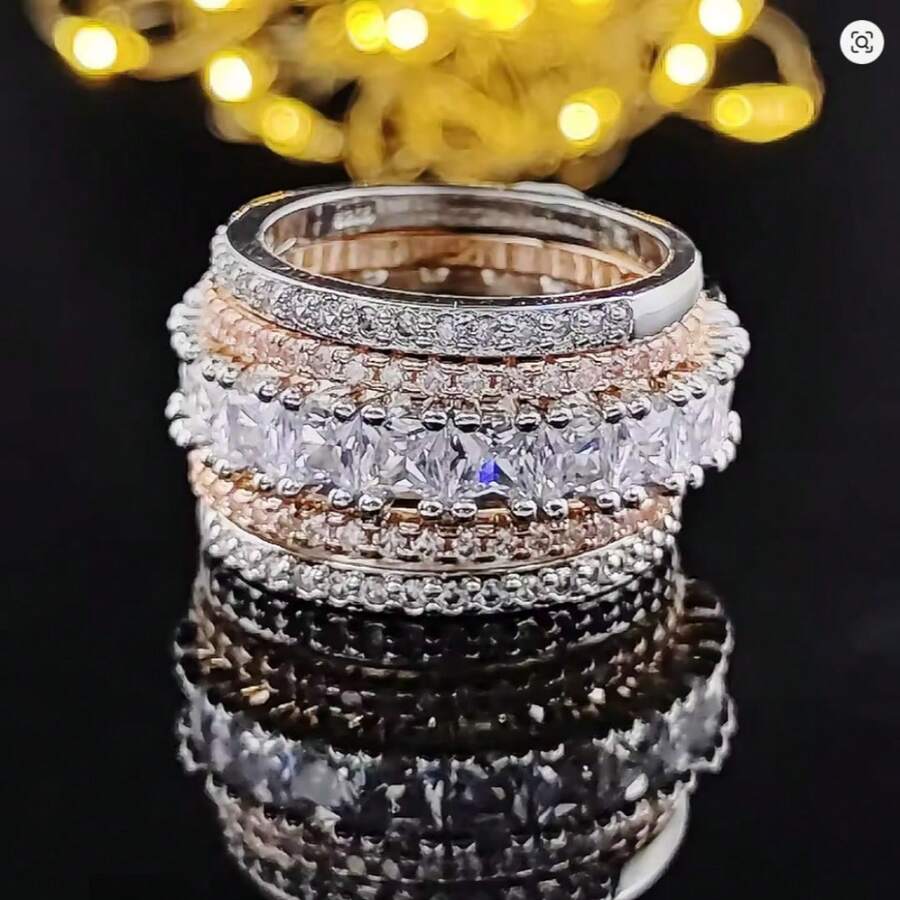 5pcs/Set Luxury Dual-Tone Wide Rings, Designed For Women, Inlaid With Brilliant Cubic Zirconia, Exquisite Party Jewelry, Fashionable Accessories