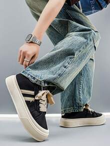 2026 WANSS Men's Suede High-Top Thick-Sole Casual Skateboard Shoes, Niche Breathable Non-Slip Commute Retro Sneakers, Black Denim Shoes - Black - View 6