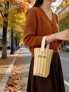 时尚简约条纹图案女士小手提包，休闲帆布小包，轻便可折叠迷你方包，黑色字母个性化设计，可装钥匙、水瓶、手机和个人物品，适合外出、散步和携带宠物。 - 黃色 - 查看 3