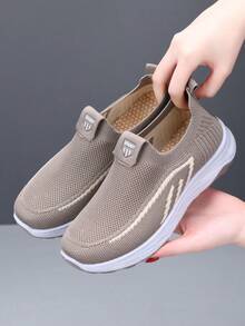 Women's Breathable Mesh Casual Sports Shoes, Non-Slip Soft Bottom Slip-On Comfortable Mother Shoes, Round Toe Loose Casual Shoes, Elastic Shoe Mouth, Daily Walking Shoes - Khaki - View 13