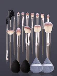 19pcs High Quality Makeup Brush Set - Soft Powder Brush, Blush Brush, Concealer Brush, Eyeshadow Brush, Mascara Brush, Brush Set & Wet/Dry Makeup Sponge & Non-Cakey Triangle Powder Puff - Champagne - View 3