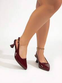 Giày cao gót mũi rộng bằng da bóng, gót nhọn, kiểu dáng thanh lịch dành cho nữ, thích hợp cho các bữa tiệc hoặc các dịp đặc biệt. - Nút màu đỏ rượu vang - Xem 1