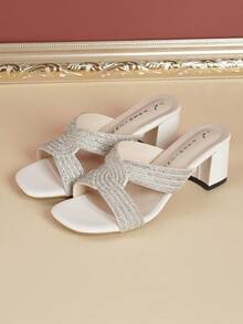 Black Rhinestone Heeled Slides, Chunky Block Heel With Sparkling Rhinestone Detail For Evening Wear - White - View 3