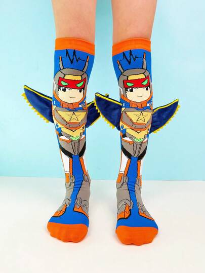 1 Pair Kids Robot Pattern Over-The-Knee Socks With 3D Wing Decor Fun Crazy Style Crazy Socks Funny Socks Style, All-Season, Perfect For Crazy Day Gifts, Kids Parties, Valentine's Day, Easter, Holidays, Outdoor & Daily Wear