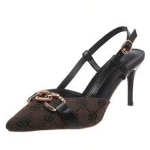 Zapatos de salón para mujer con tacón de aguja, punta abierta, hebilla dorada y sandalias de tacón alto estampadas. - marrón café - Ver 4
