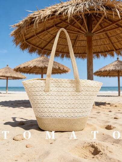 1pc New Woven One Shoulder Bag, Large Capacity Straw Casual Tote Bag, Versatile Beach Shoulder Bag, Fashionable Vacation Beach Bag, Hollow-Out Design