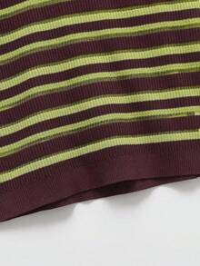 休闲条纹短袖高领针织衫，夏季学院风 - 酒紅色 - 查看 5