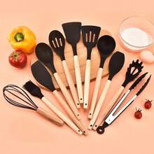 12pcs Silicone Kitchen Utensil Set With Wooden Handles And Storage Canister, Heat Resistant, 5 Colors Suitable For Modern Kitchen - Multicolor - View 6