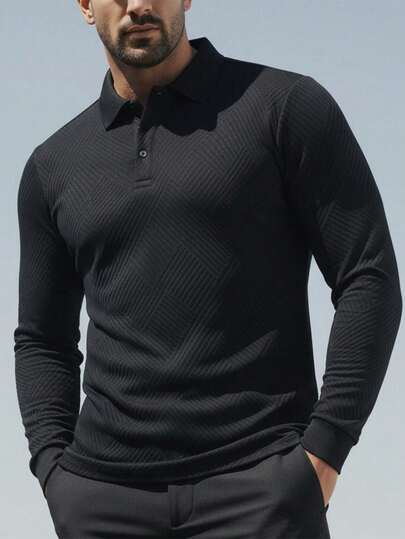 Men's Long Sleeve Textured Polo Shirt, Casual Business Fashion Streetwear, Autumn/Winter
