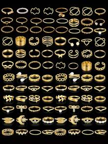 Bộ 50/73 chiếc nhẫn kim loại thời trang tối giản, thanh lịch, gợi cảm hình bướm, trái tim, hoa, lá, ngọc trai giả, pha lê, sóng, xoắn, thích hợp cho các dịp lễ, tiệc tùng, hẹn hò, đeo hàng ngày (kiểu dáng ngẫu nhiên) - Vàng - Xem 2