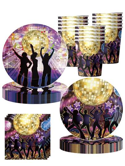 10件套迪斯科派对餐盘、餐巾纸、杯子用品，70年代派对装饰，“一起摇摆”主题婴儿派对生日派对餐具套装，可供10人使用