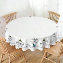 1件白色背景素描玫瑰蝴蝶印花波浪边桌布，涤纶材质，适合家庭用餐、复活节派对装饰、家居装饰礼品，室内外均可使用，适用于用餐、派对、野餐、婚礼等场合。 - 彩色 - 查看 7