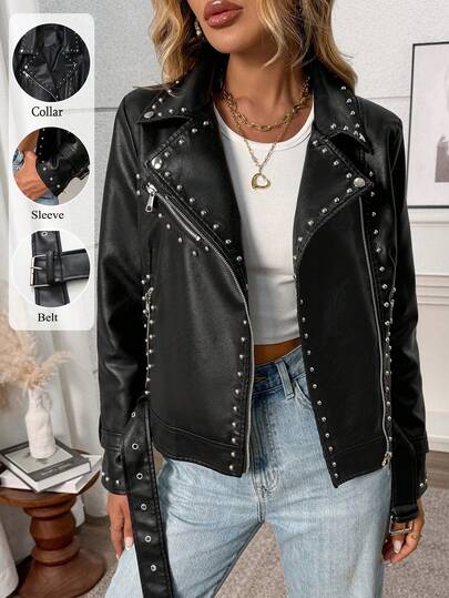 Women Faux Leather Jacket Studded Rivet Moto Biker Streetwear Punk Coat