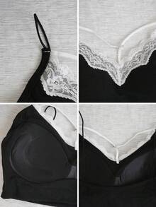 新款夏季法式蕾丝边吊带背心，露背设计，修身百搭 - 黑色 - 查看 9