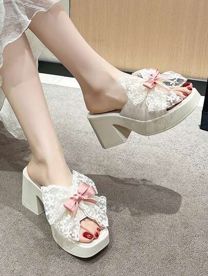 1 Pair Women's Bow Tie Wedge Slide Sandals, Summer New Arrival Thick Heel High Heel Beach Strap Wedge Platform Sandals, Plus Size