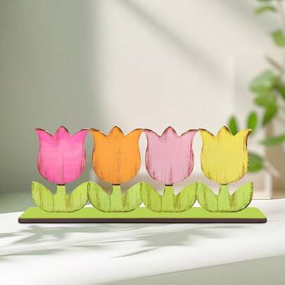 1pc Spring Vintage Tulip Wooden Decorative Ornament, Rustic Farmhouse Style Wooden Tabletop Decoration, Multi-Colored Multi-Tiered Tray Ornament With Green Stems And Pink Flowers, Suitable For Spring Tabletop Decoration, Living Room Dining Table Decoration