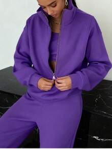 Women's Oversized Half Zip 2 Piece Tracksuit, High Neck Loose Fit Polar Fleece Sweatshirt & Wide Leg Pants Set, 2026 Early Spring New Arrival Cozy Loungewear, Casual Daily Light Outdoor Wear One Color Outfit    Vacation Outfits Women  (Local Warehouse Discounts.) | Two Piece Set Women | 2 Piece Sets Woman | Workout Sets Women | Women Two Piece Sets | Sets 2 Piece Women | Conjunto De Dos Piezas Mujer - 紫色 - 查看 5