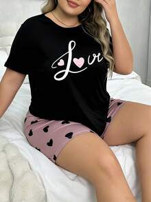Bộ đồ ngủ 2 món in chữ tối giản, áo tay ngắn và quần short, đồ mặc nhà thoải mái thường ngày dành cho phụ nữ cỡ lớn, màu hồng. - màu đen - Xem 3