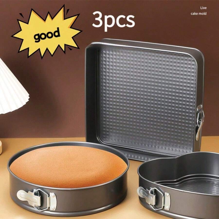 12-28 Inch 3pcs/Set Round Heart Square Springform Cake Pans, Non-Stick Carbon Steel Baking Tools - Black - View 1