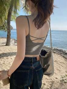 Open Back Yoga Camisole For Women, With Chest Pads, Integrated Bra, Deconstructed American Style Layering Top Casual - Brown - View 3