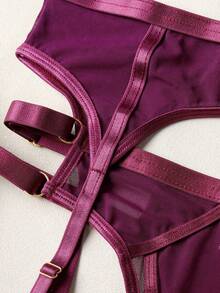 3pcs Sexy Wine Red Sheer Mesh Lingerie Set, Underwire Bra With Garter Belt - Purple - View 8