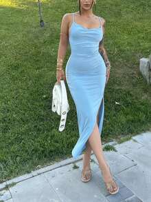 PEONY Damen elegantes, sexy Urlaubs-Kleid mit Raffung, Spaghettiträgern, verstellbar, figurbetonter Schnitt mit Schlitz, Blau, geeignet für Party, Zusammenkunft, Festival, Geburtstag, Abschluss, Feiertag, Strand, Urlaub, Oster-Party Sommer - Babyblau - Übersicht 4