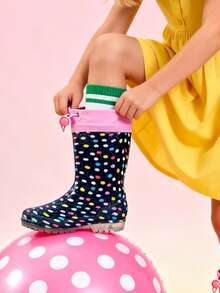 Toddler Rain Boots With Adjustable Drawstring – Lightweight Non-Slip PVC Rain Shoes For Girls, Cute Navy Polka Dot Design With Pink Trim - Navy Blue - View 5