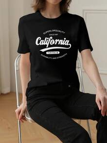 2026夏季新款女式圆领休闲宽松英文印花图案T恤，街头时尚百搭短袖T恤 - 黑色 - 查看 3