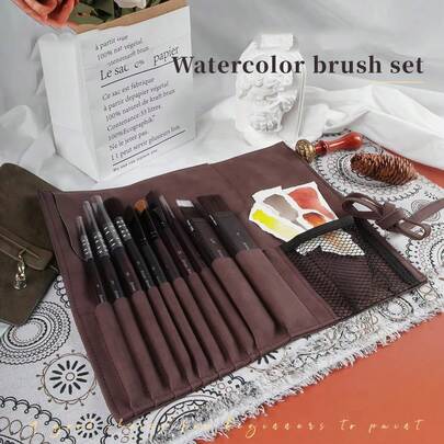 SeamiArt 10支装尼龙毛木柄水彩画笔套装，带PU皮收纳袋，水彩画美术用品