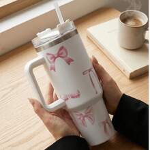 1pc 40oz Romantic Bow Stainless Steel Insulated Tumbler With Handle, Large Capacity Travel Mug, Suitable For Car, School, Office, Outdoor, Gym, Home, Great Gift For Women And Teenagers, Holiday And Birthday (With Straw) - Multicolor - View 8