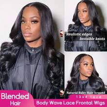 PQL 34Inch Body Wave Lace Front Wigs Glueless Human Blended Hair Wig 180% Density Body Wave Lace Frontal Wigs Glueless Human Blended Hair 13x4 HD Lace Body Wave Wigs Human Blended Hair For Women - Natural & Black - View 2