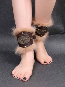 1 Set Adjustable Medieval Viking Boot Covers/Laces With Fur Trim - Perfect For LARP, Cosplay, Renaissance Fairs, Halloween, Carnival Costumes - A - View 4