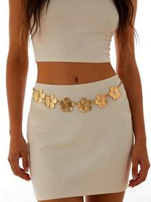 1件复古时尚个性化金属做旧3D纹理5瓣花朵拼接腰链，波西米亚优雅百搭腰带/链条，适合任何场合，女士适用（花朵数量随机） - 金色 - 查看 7