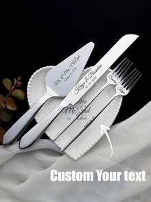 Personalized Wedding Cake Cutting Set (Engraved): Stainless Steel Knife, Serving Spoon, Fork, Cake Cutting Tool Set, Dessert Cutting Utensil Set, Wedding Cake Set, Wedding Gift, Anniversary Gift, Bridal Shower Gift, Reception - Multicolor - View 2