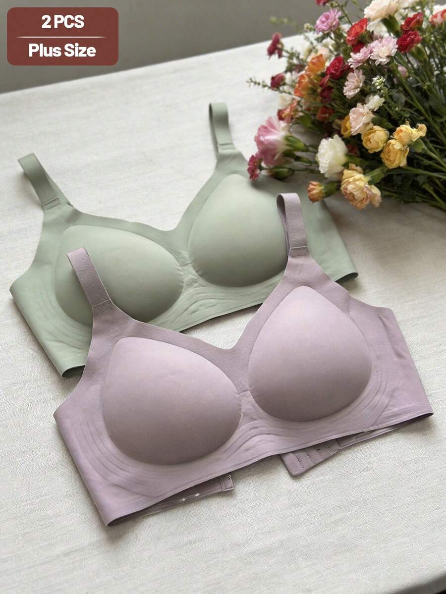 2pcs Plus Size Women Solid Color Minimalist Comfortable Non-Sagging Bras - Multicolor - View 1