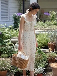 Simple Retro Floral Print Ruffle Trim Square Neck Camisole Dress - Apricot - View 7