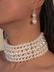 1 Set Minimalist Multi-Layer Faux Pearl Necklace, 1 Pearl Earring, Elegant Layered Choker Jewelry Set, Gift For Party, Event, Wedding - White - View 3