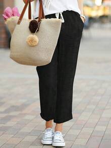 Women's Drawstring Pocket Casual Loose 7/8 Pants - Black - View 3
