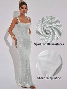 Elegant Sexy Straps Sequins Mesh Sparkly Rhinestone Halter Dress Female Temperament Party Birthday Graduation - Silver - View 2