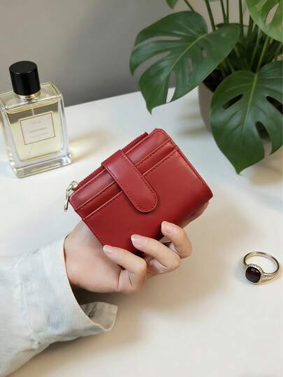 Red PU Leather Wallet For Women - 5 Card Slots, Photo Window, Zippered Coin Pocket, Snap Closure, Perfect For Everyday Carry
