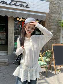 Sweet & Edgy Long Sleeve Hooded T-Shirt For Women, Unique Niche Loose Hollow Out Pullover - White - View 4