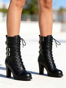 Women's Lace Up Ankle Boots Goth Chunky Heel Combat Boots With Buckles Ankle Strap Trim Punk Boots High Heel Side Zipper Gothic Ankle Booties For Party Dress - 黑色 - 查看 7