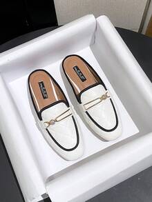 Mengshangli Plaid Preppy Style Backless Loafers For Women, Retro Metal Rhinestone Decor, Flat Slip-On Shoes For Office, Vacation, Party In Spring/Summer - White - View 2