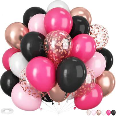 60/30PCS Pink And Black Balloons, 10/12 Inch Hot Pink And Black Balloon Rose Gold Confetti Balloons For Hot Girls Women Birthday Party Baby Bridal Shower Party Decorations