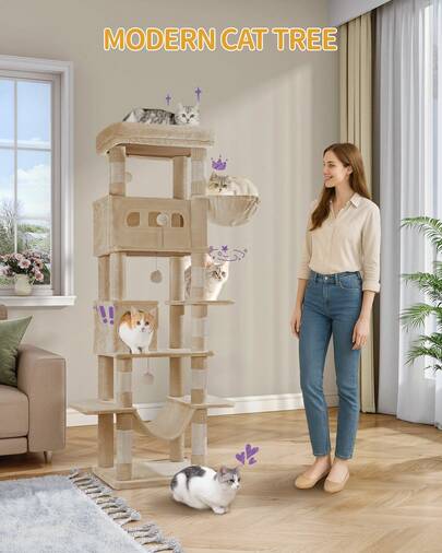 HEXCELEN 170 Cm Large Cat Tower For Indoor Cats,Cat Tree,  Multi-Level Cat House With Condo, 8 Scratching Posts, Hammock