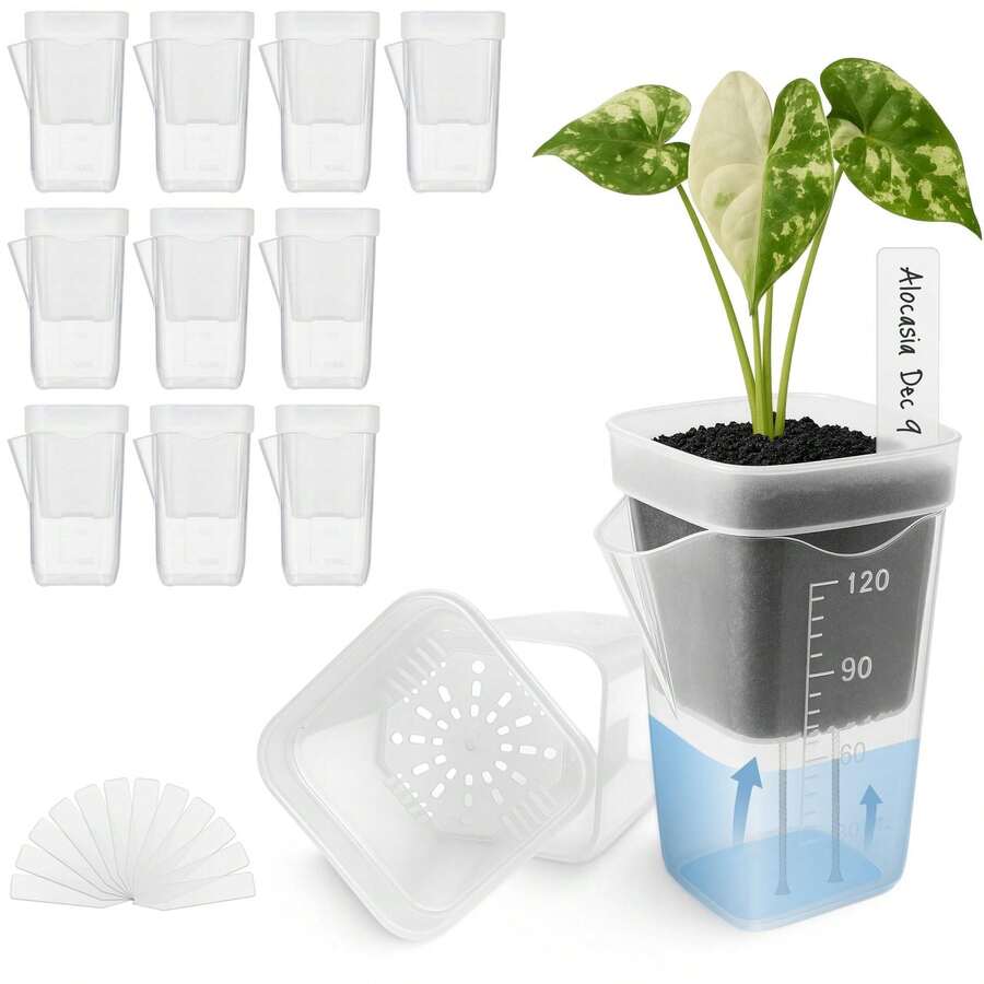 10sets Indoor Plant Self-Watering Planter Set, Includes 10 Mini Transparent Plastic Pots With Water Level Indicator And Drainage Hole, Suitable For Propagating Plants, Succulents And African Violets - Multiple Styles - View 1
