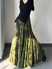 Vintage Print High-Low Hem Velvet Maxi Skirt, Elegant For Dates, Commuting, Suitable For Spring/Autumn Women Summer - Grass Green - View 4